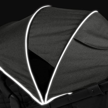 Safety reflective trims in hood of Ickle Bubba Venus Max Jogger Stroller in Space Grey colour