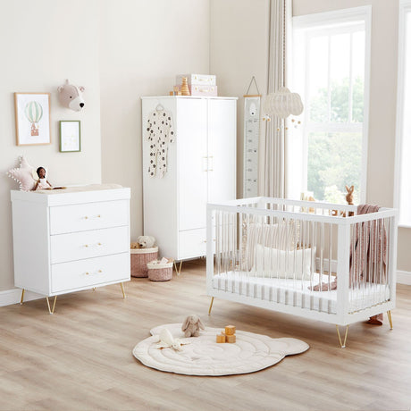 Angled view of Babymore Kimi Acrylic 3-Piece Room Set arranged in a neutral-coloured nursery