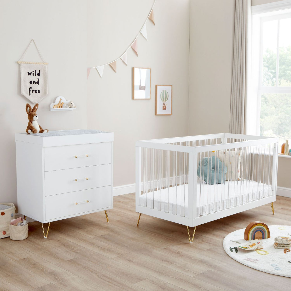 Angled view of Babymore Kimi XL Acrylic 2-Piece Room Set placed in a neutral-coloured nursery