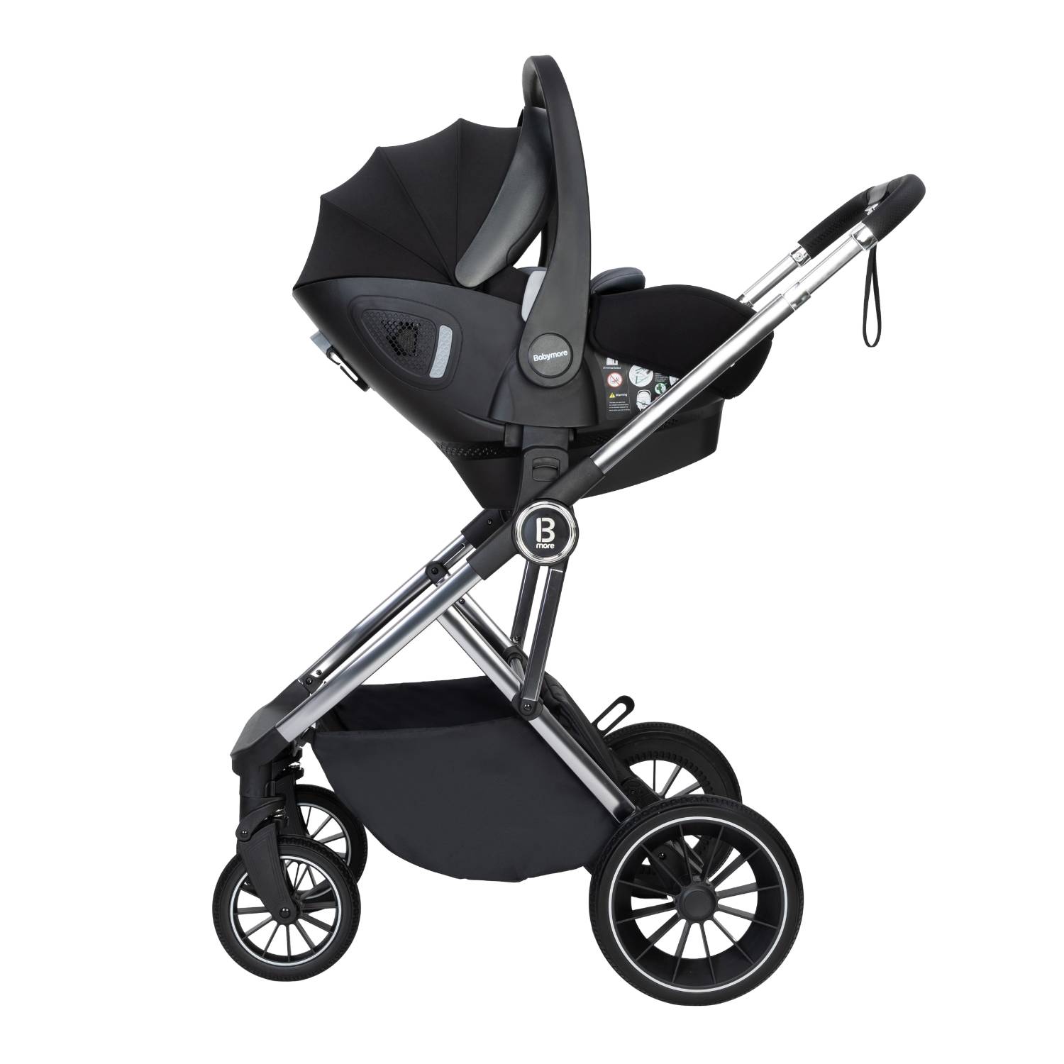 Babymore Chia frame with Pecan i-Size infant car seat attached