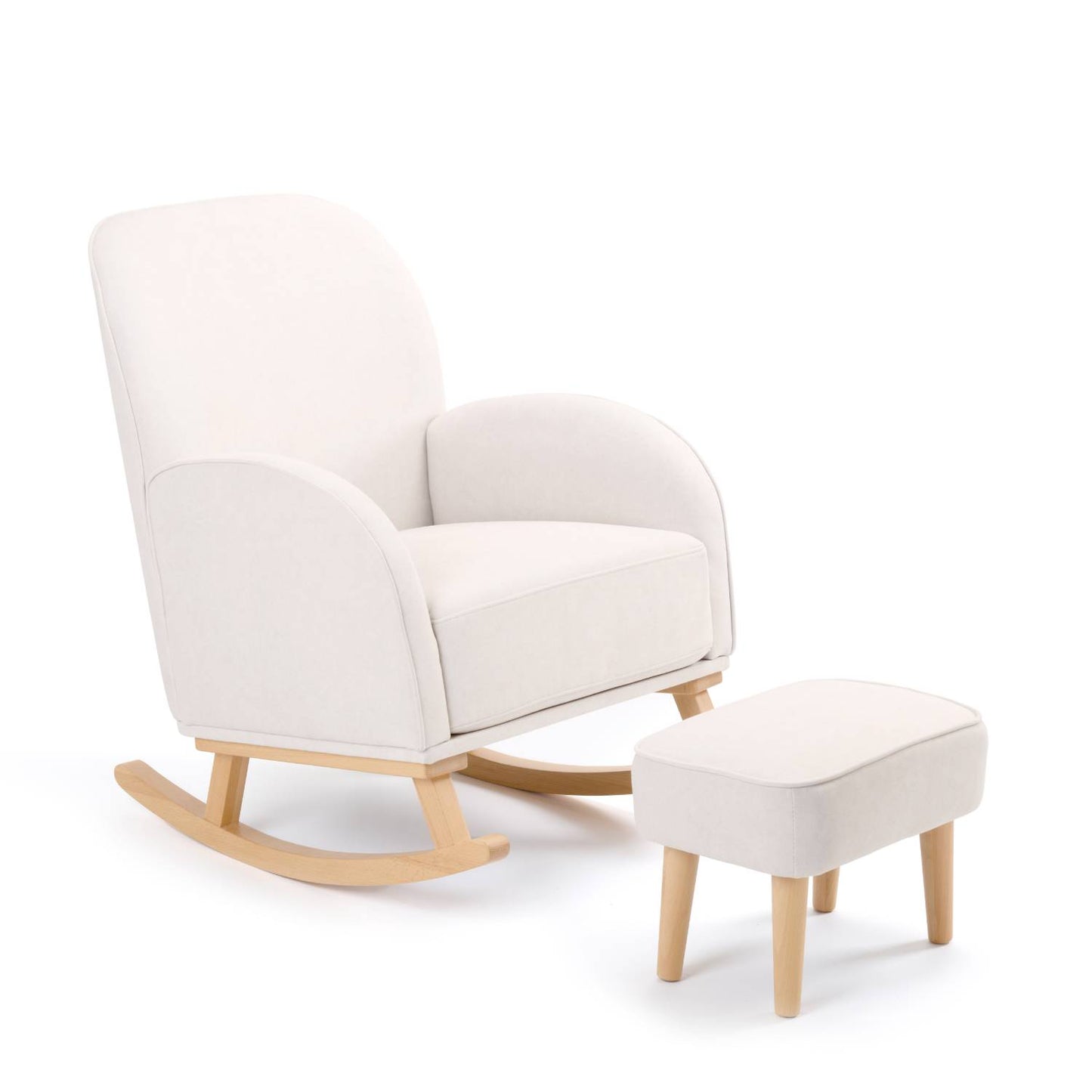 An angled shot of Babymore Freya Nursing Chair with Stool Set in Cream colour against a white background.