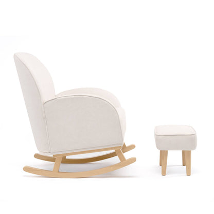 A side view shot of the Babymore Freya Nursing Rocking Chair with Stool Set in Cream colour showing its natural wood curved rocker legs.