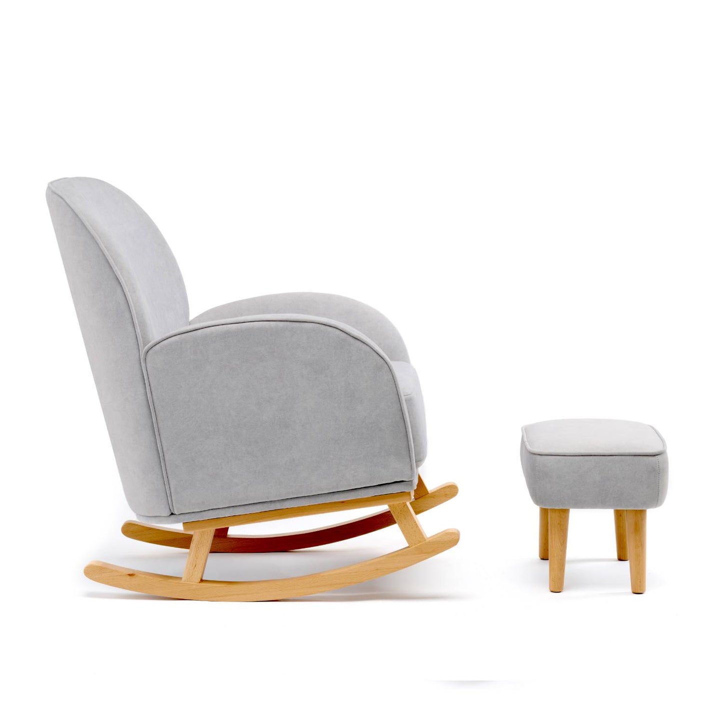 A side view shot of the Babymore Freya Nursing Rocking Chair with Stool Set in Grey colour showing its natural wood curved rocker legs.