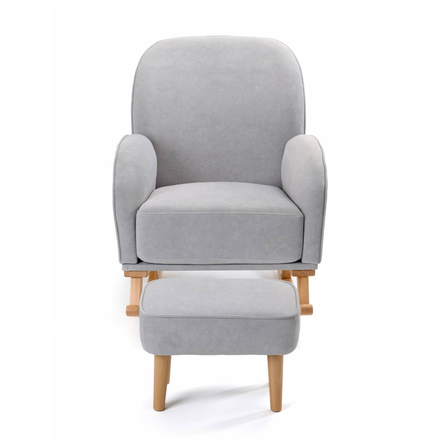 A frontal, straight-on view of the premium Babymore Freya Nursing Chair with Footstool set in modern Grey colour.