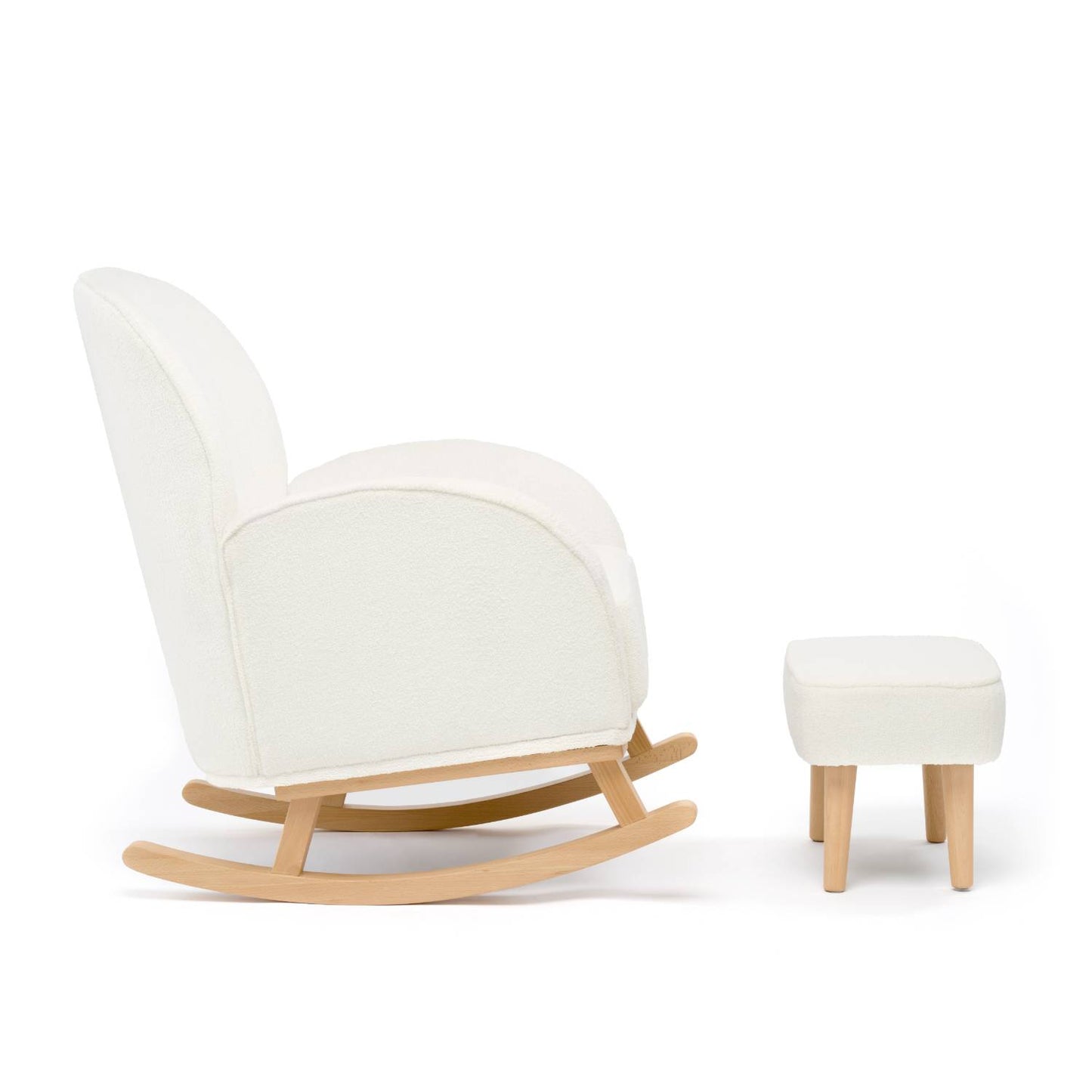 A side view shot of the Babymore Freya Nursing Rocking Chair with Stool Set in Off White Boucle colour showing its natural wood curved rocker legs.