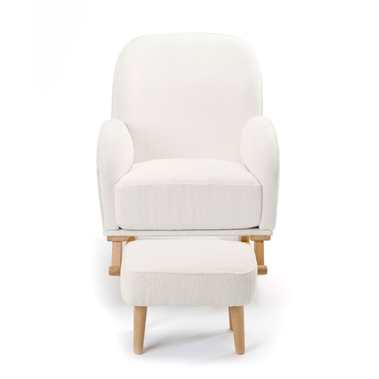 A frontal, straight-on shot of the premium Babymore Freya Nursing Chair with Footstool set in chic Off White Boucle colour.