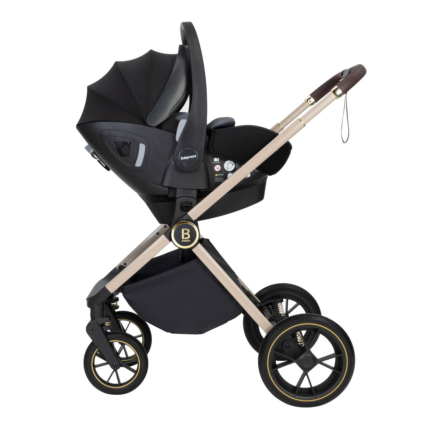 Babymore Kai frame with Pecan i-Size infant car seat attached
