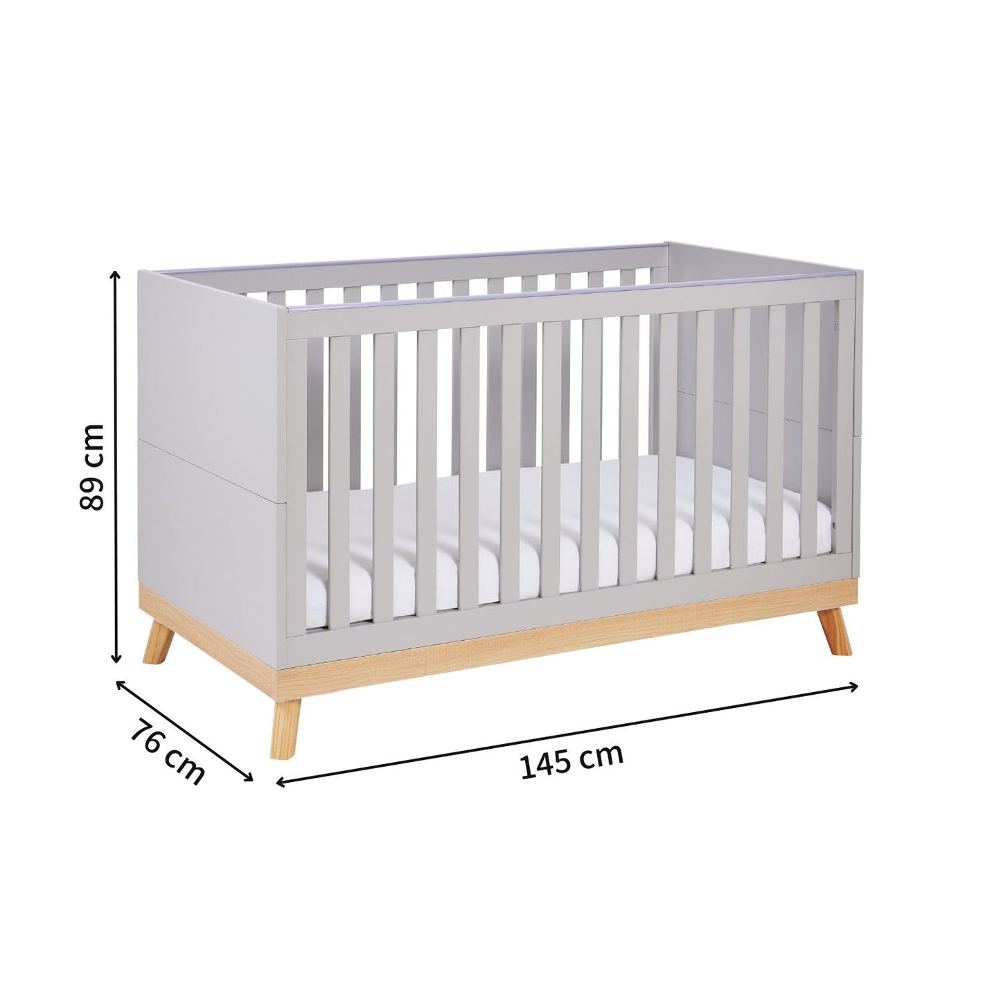 Babymore Mona Cot Bed - Adjustable Base - Teething Rail - 2-in-1 Conversion
