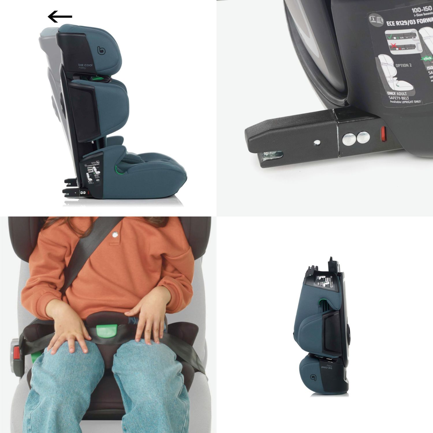 Be Cool Foldy i-Size Car Seat recline feature, stomach belt, and ISOFIX connector