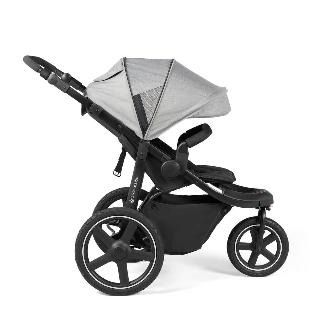 Side view of Ickle Bubba Venus Prime Jogger Stroller in Space Grey colour with expanded hood