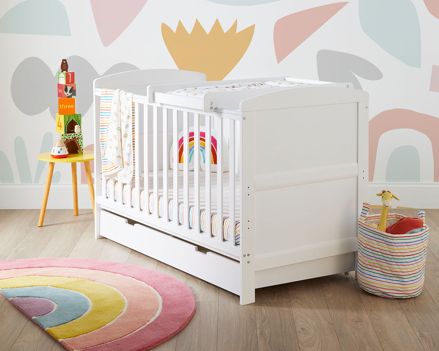 Ickle Bubba Coleby Classic Cot Bed with Under Drawer in a colourful nursery room