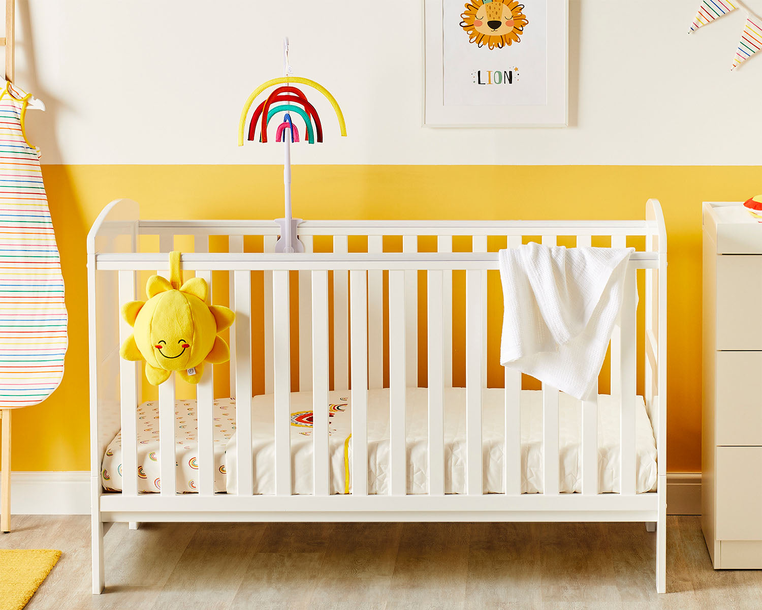 Ickle Bubba Coleby Classic Cot Bed in a bright yellow nursery room