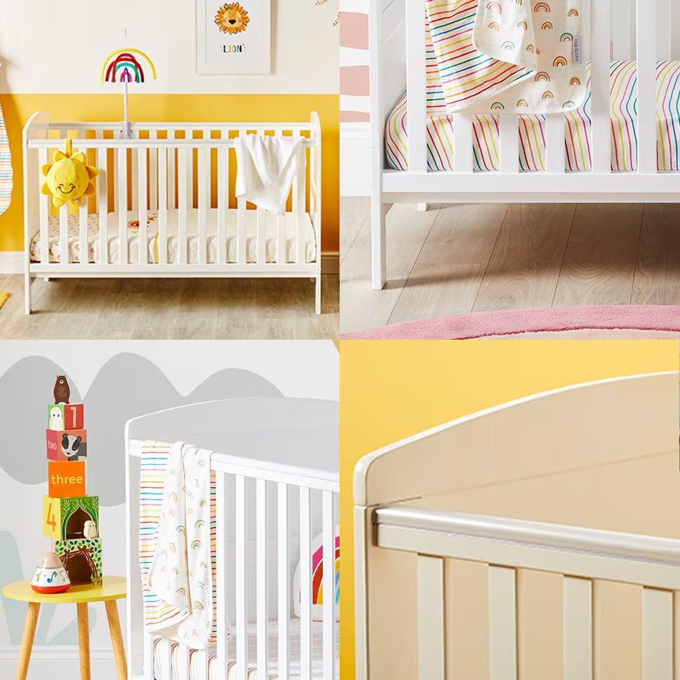 four close-up shots of white Ickle Bubba Coleby Classic Cot Bed showing details