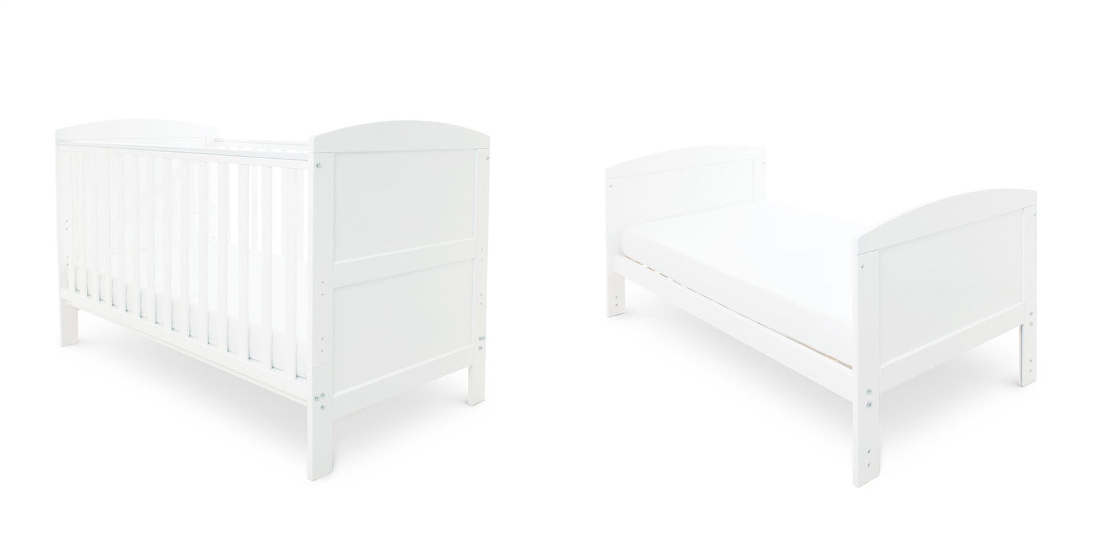 Two white Ickle Bubba Coleby Classic Beds in cot bed and junior bed modes