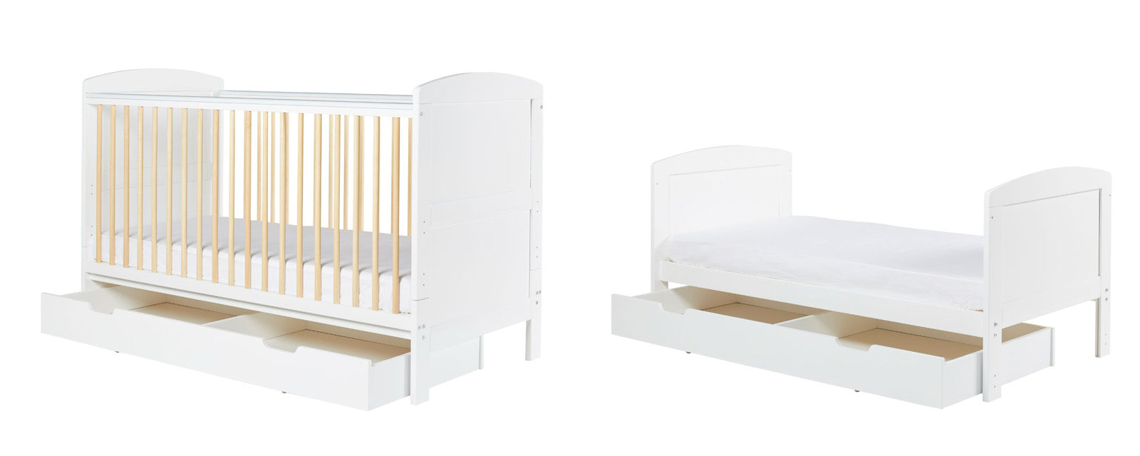 Two Ickle Bubba Coleby Scandi Cot Bed with Under Drawer in cot bed and junior bed modes