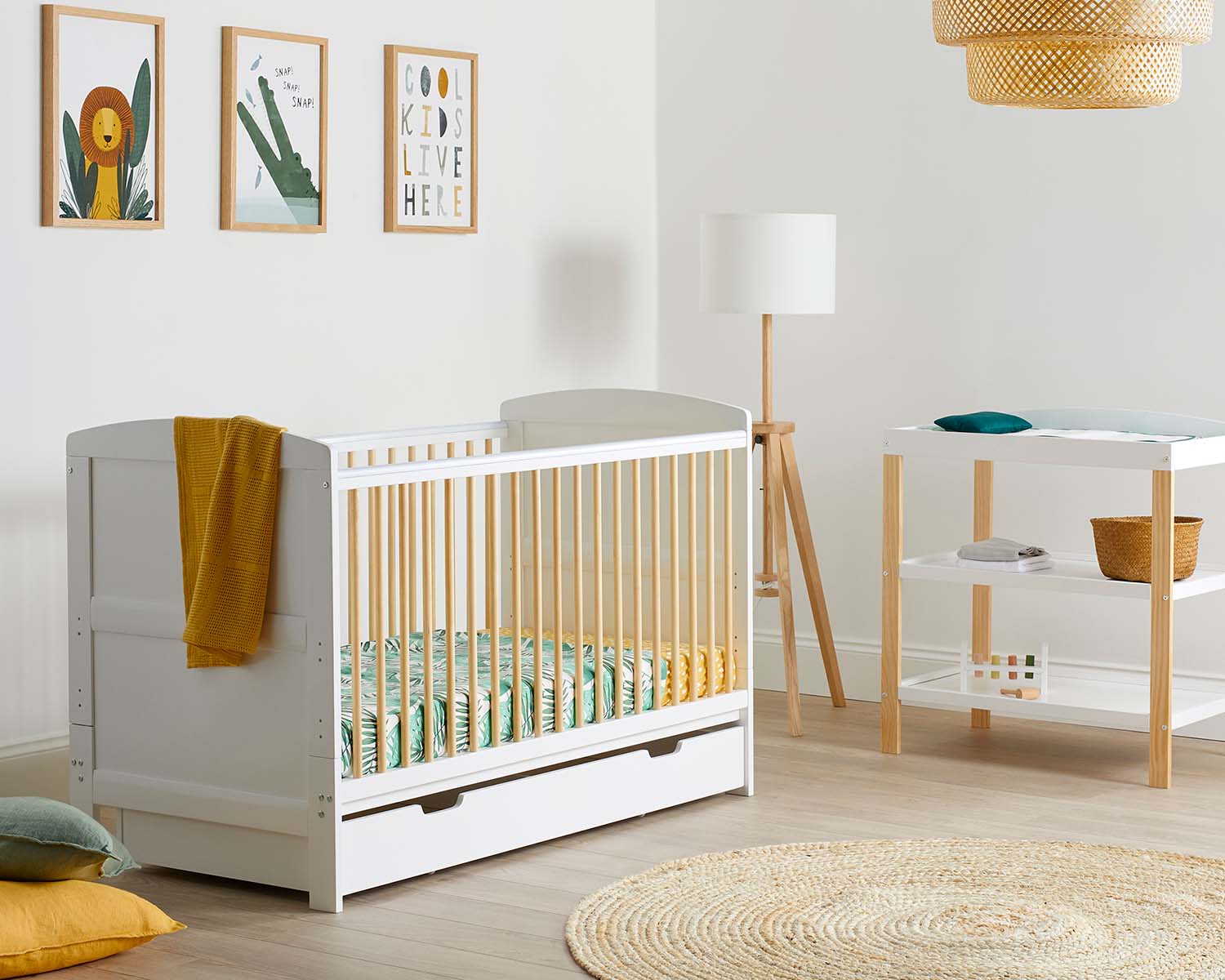 Ickle Bubba Coleby Scandi 2-in-1 Cot Bed with Under Drawer in a colourful nursery room