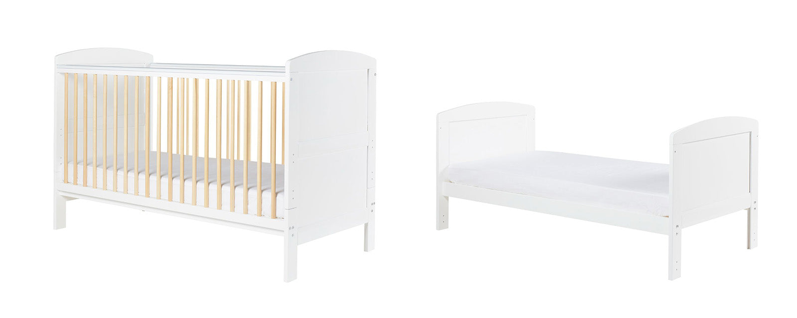 Two Ickle Bubba Coleby Scandi Cot Bed in cot bed and junior bed modes