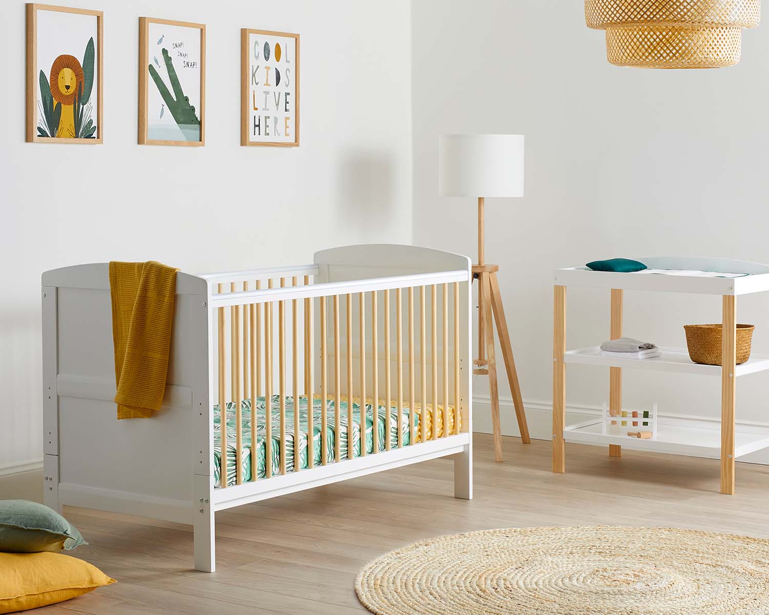 a Scandi-inspired nursery room with an Ickle Bubba Coleby Scandi Cot Bed