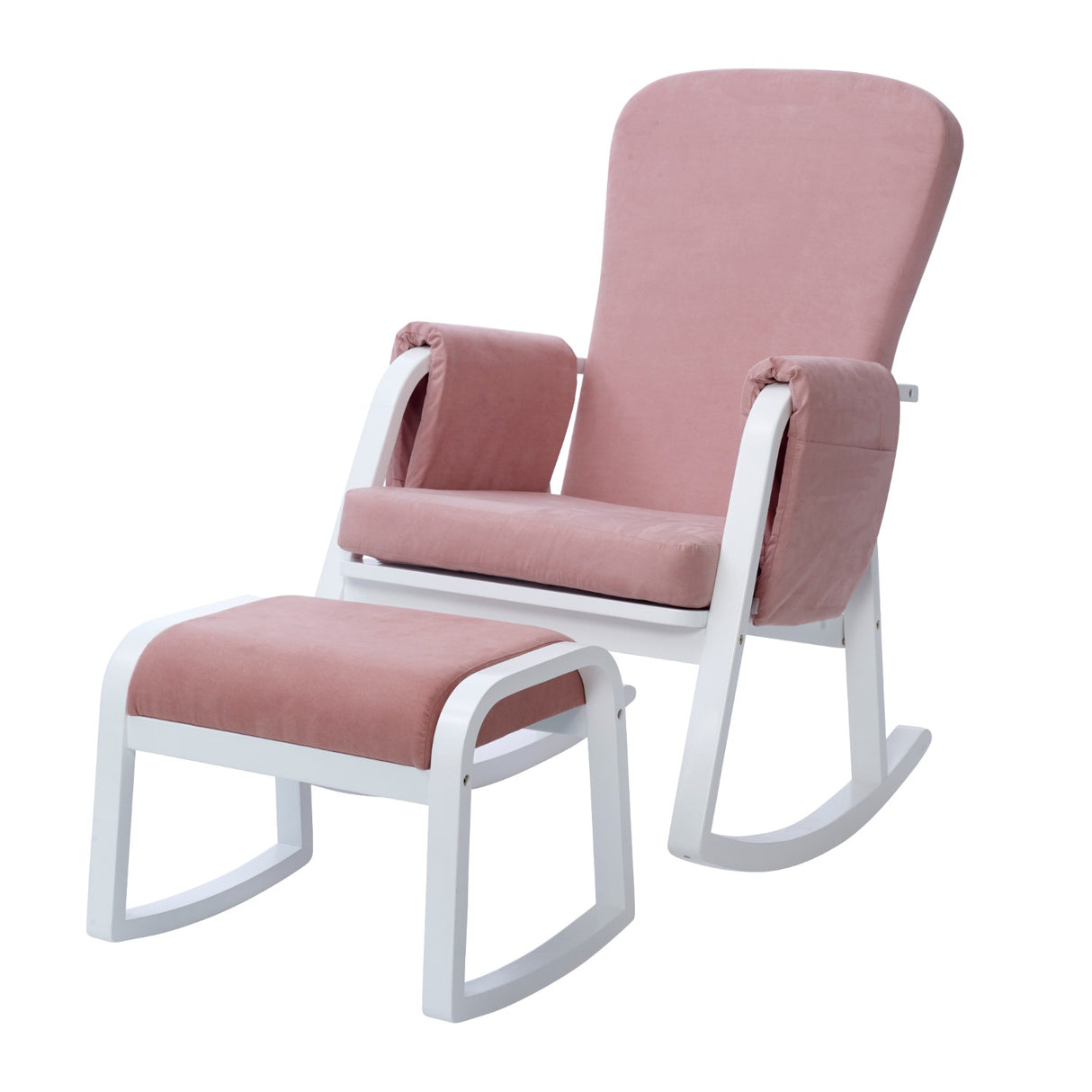 Angled view of Ickle Bubba Dursley Rocking Chair and Stool Set in Blush Pink colour