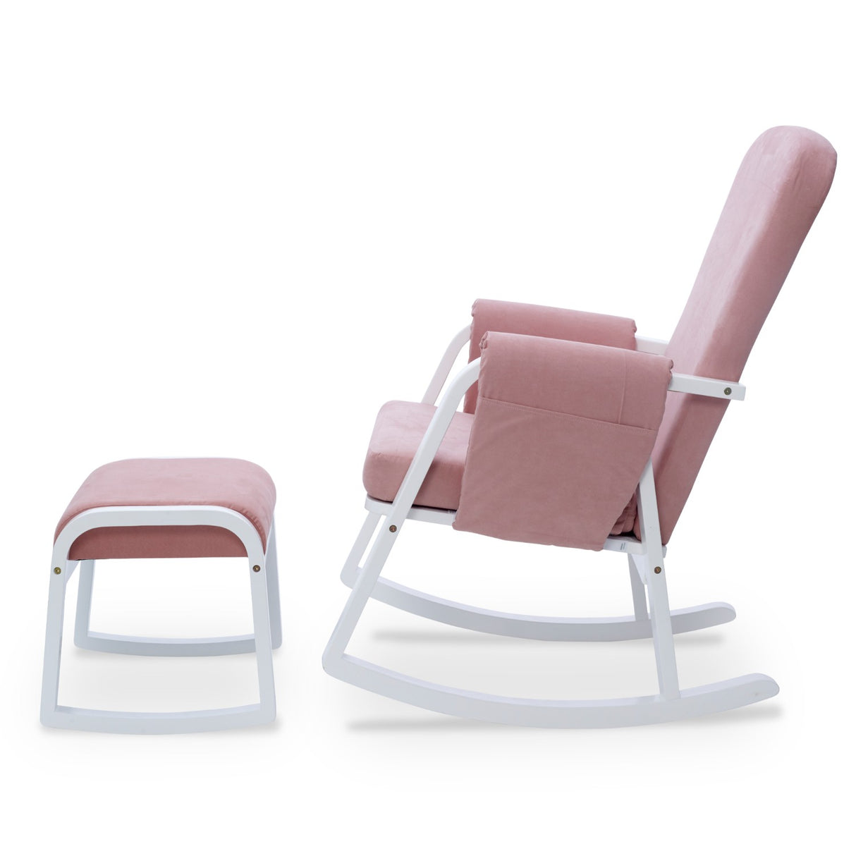 Side view of Ickle Bubba Dursley Rocking Chair and Stool Set in Blush Pink colour