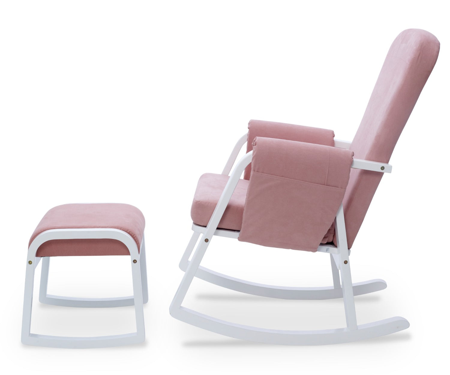 Side view of Ickle Bubba Dursley Rocking Chair and Stool Set in Blush Pink colour against white background