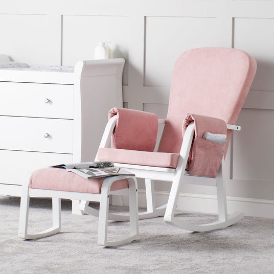 A nursery with Ickle Bubba Dursley Rocking Chair and Stool Set in Blush Pink colour