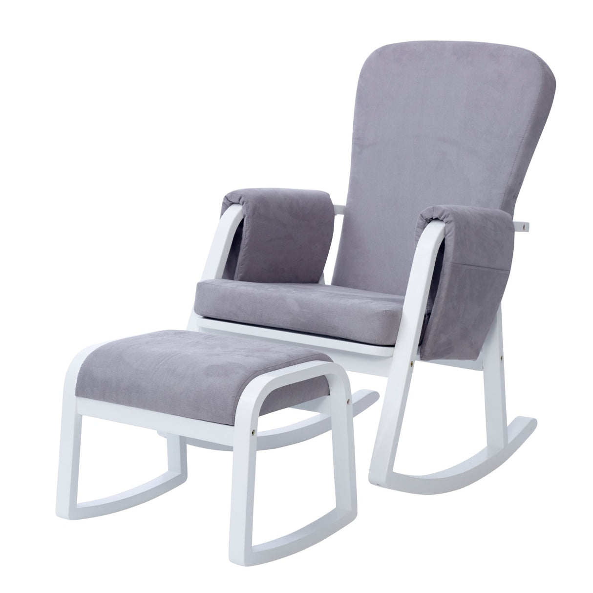 Angled view of Ickle Bubba Dursley Rocking Chair and Stool Set in Pearl Grey colour