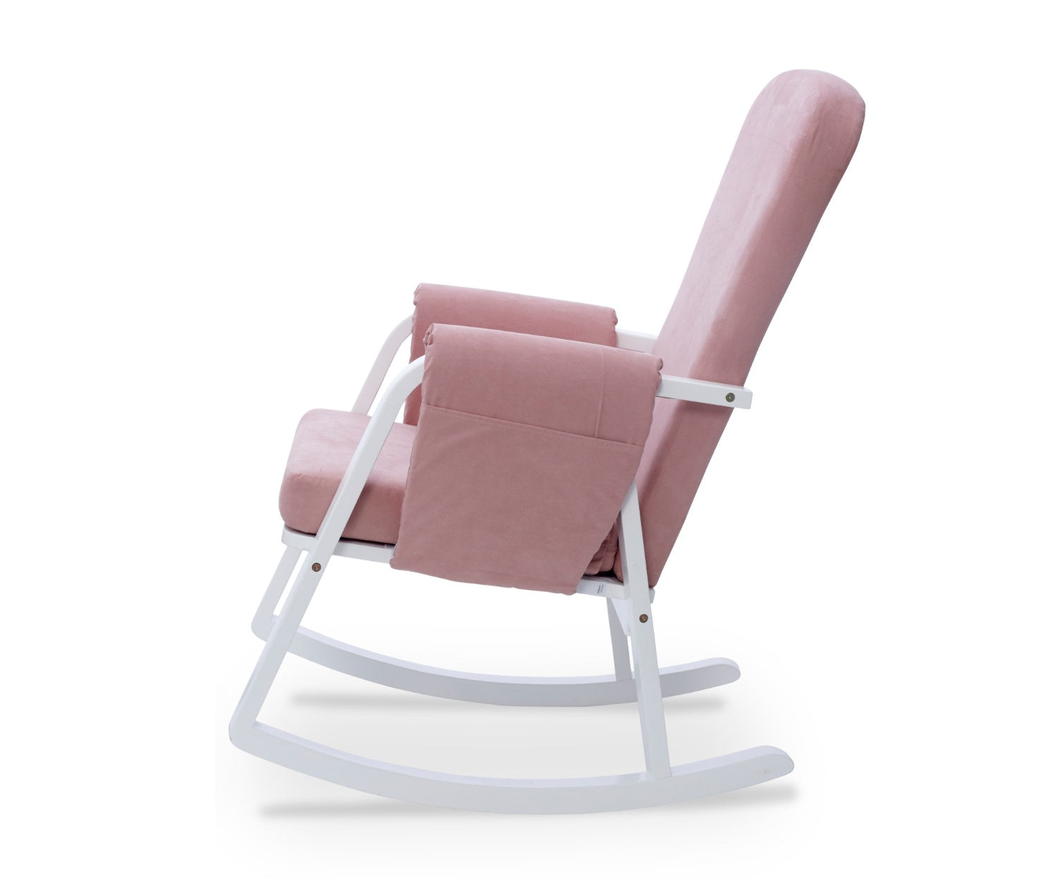 Side view of Ickle Bubba Dursley Rocking Chair in Blush Pink colour against white background