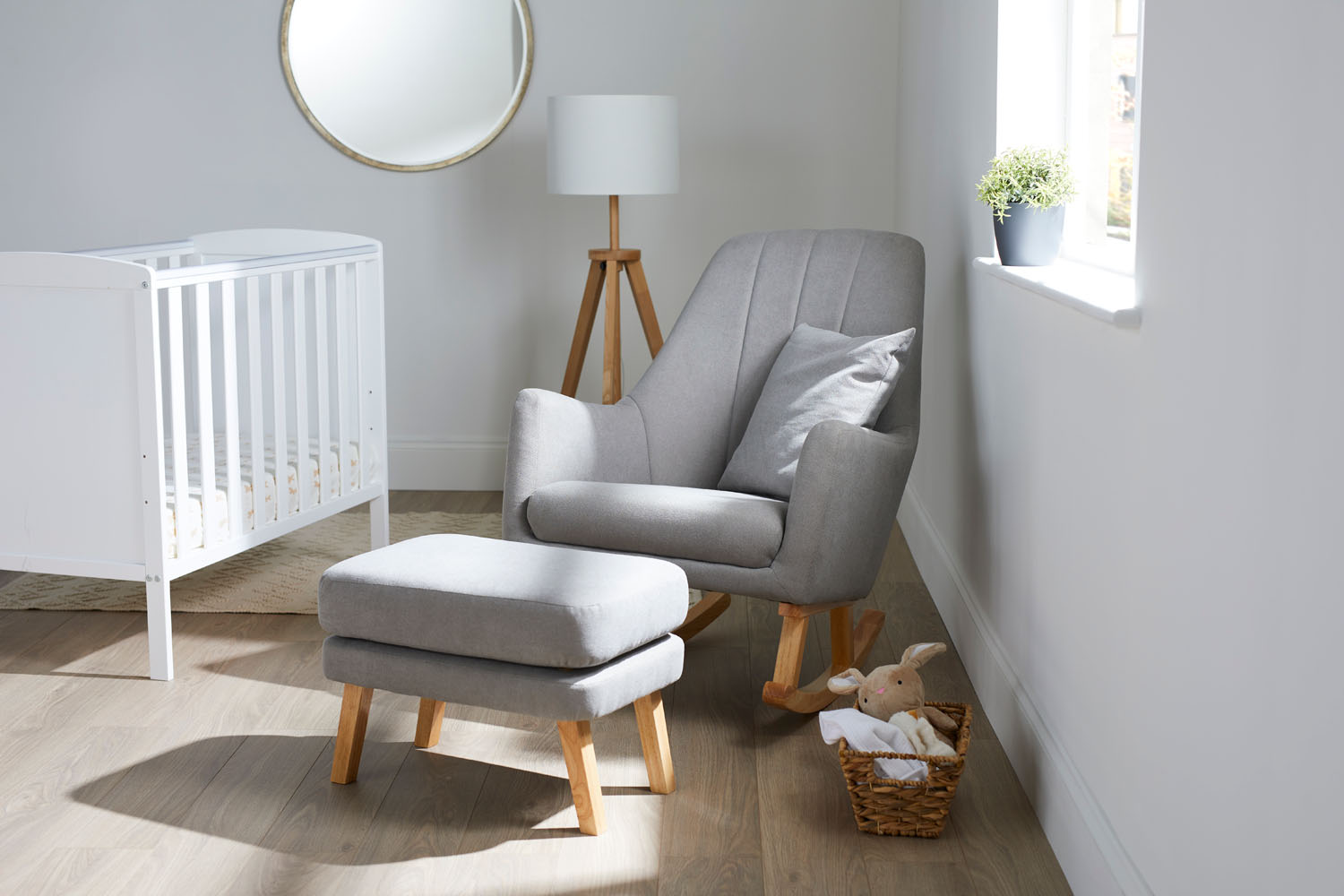 Nursery room with cot bed and an Ickle Bubba Eden Deluxe Nursery Chair and Stool Set in Pearl Grey colour