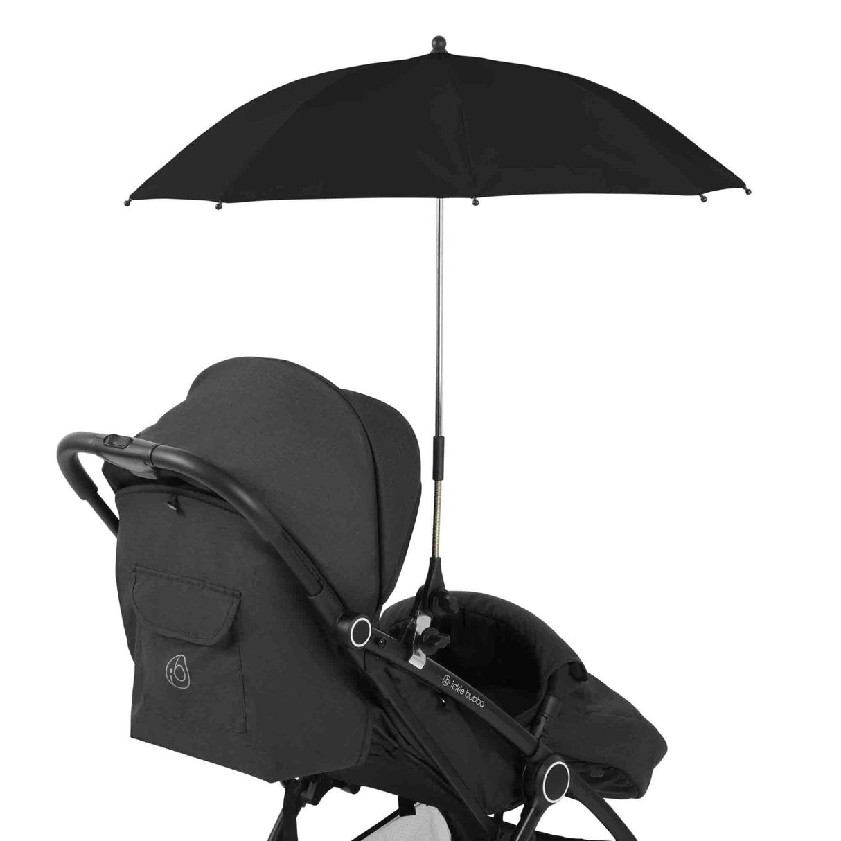 Ickle Bubba Parasol Universal Travel Accessory in Black colour attached to a black Ickle Bubba stroller