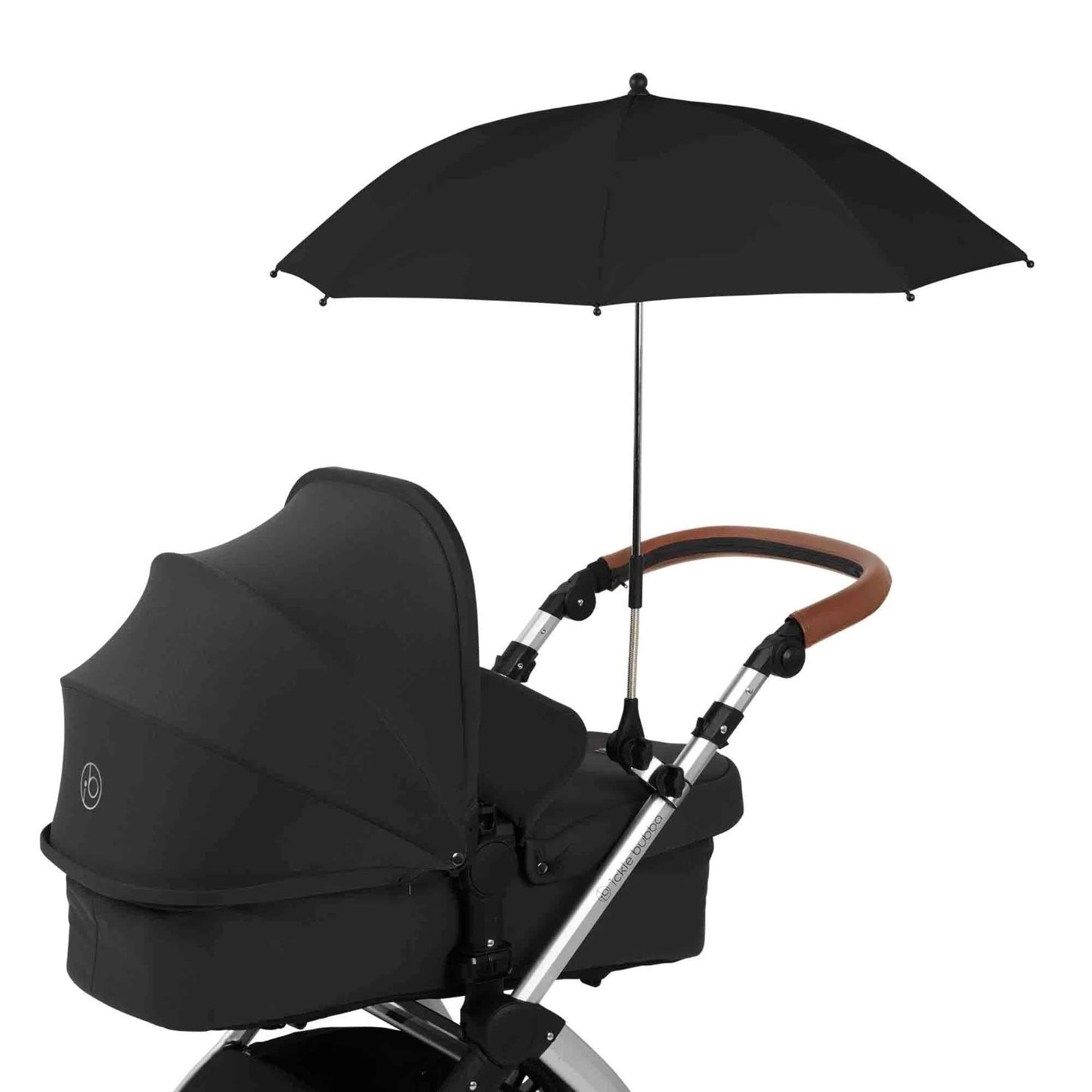 Ickle Bubba Parasol Universal Travel Accessory in Black colour attached to a black Ickle Bubba stroller
