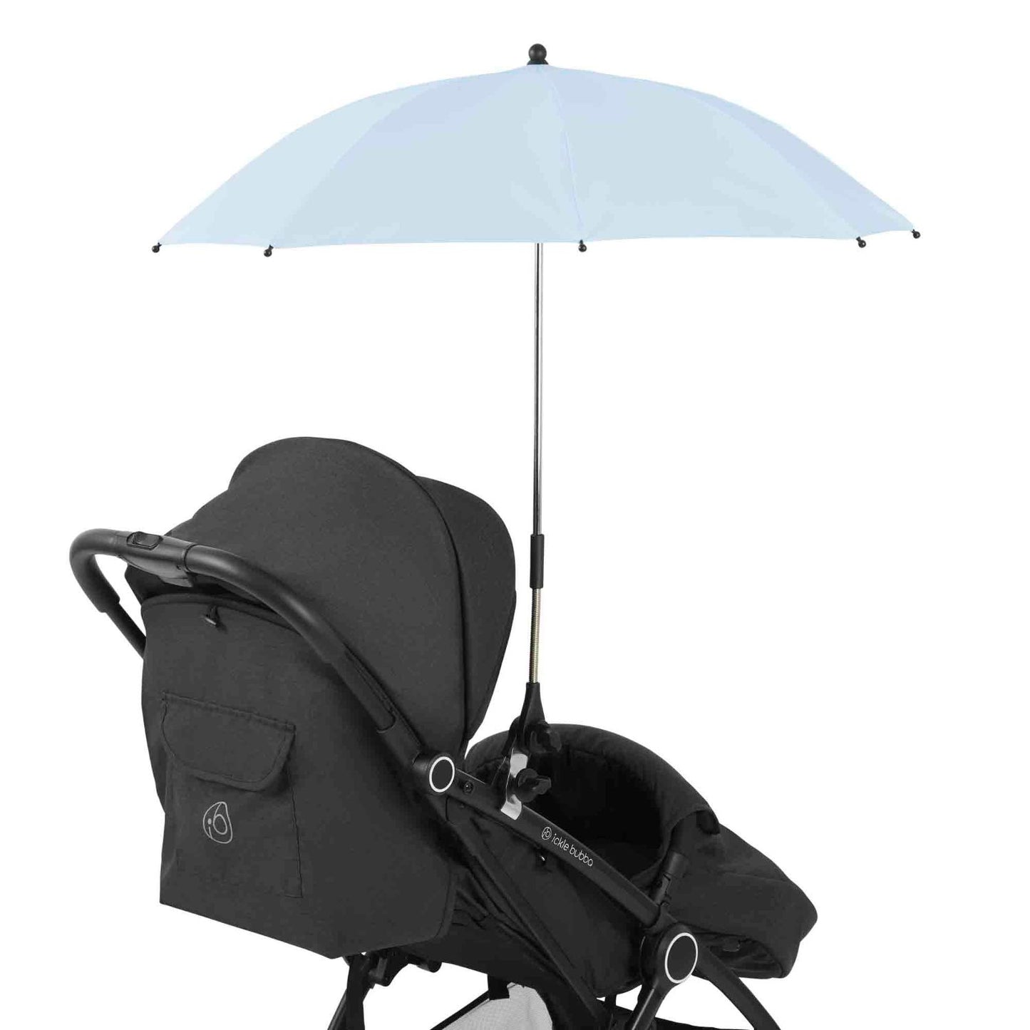 Ickle Bubba Parasol Universal Travel Accessory in Blue colour attached to a black Ickle Bubba stroller