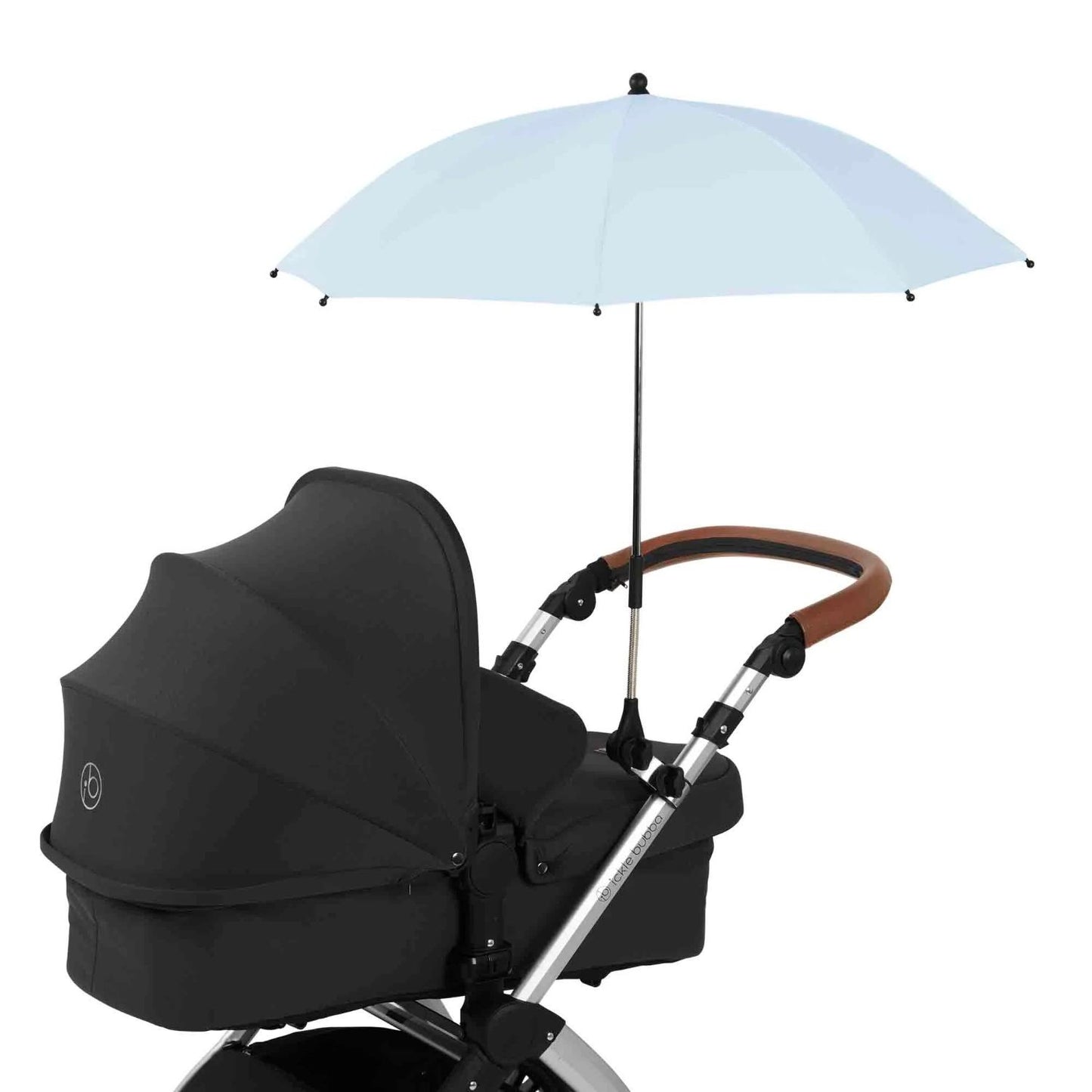 Ickle Bubba Parasol Universal Travel Accessory in Blue colour attached to a black Ickle Bubba stroller