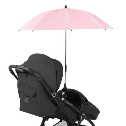 Ickle Bubba Parasol Universal Travel Accessory in Pink colour attached to a black Ickle Bubba stroller