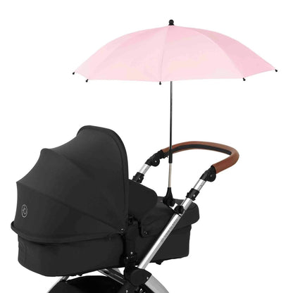 Ickle Bubba Parasol Universal Travel Accessory in Pink colour attached to a black Ickle Bubba stroller