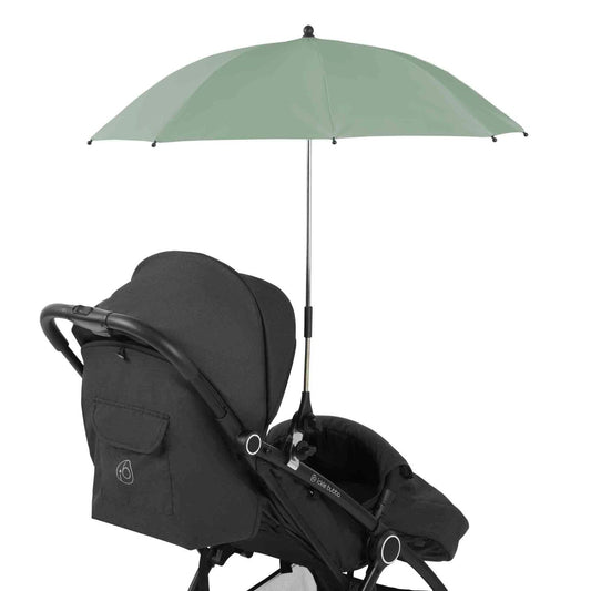Ickle Bubba Parasol Universal Travel Accessory in Sage Green colour attached to a black Ickle Bubba stroller