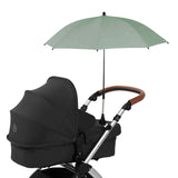 Ickle Bubba Parasol Universal Travel Accessory in Sage Green colour attached to a black Ickle Bubba stroller