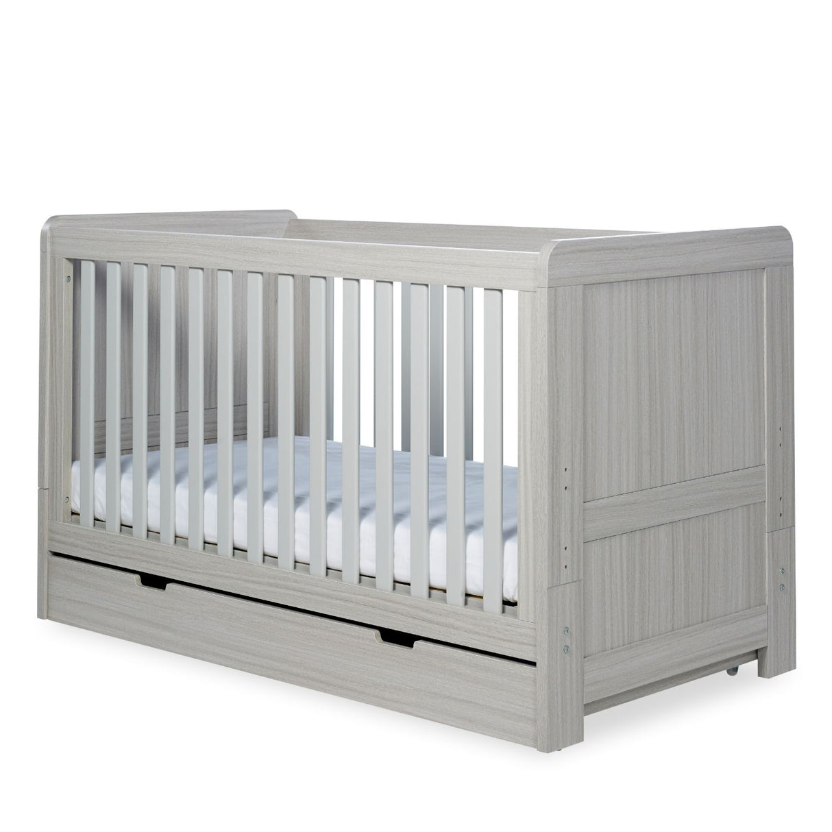 Angled shot of Ickle Bubba Pembrey 2-in-1 Cot Bed with Under Drawer in Ash Grey colour against a white background