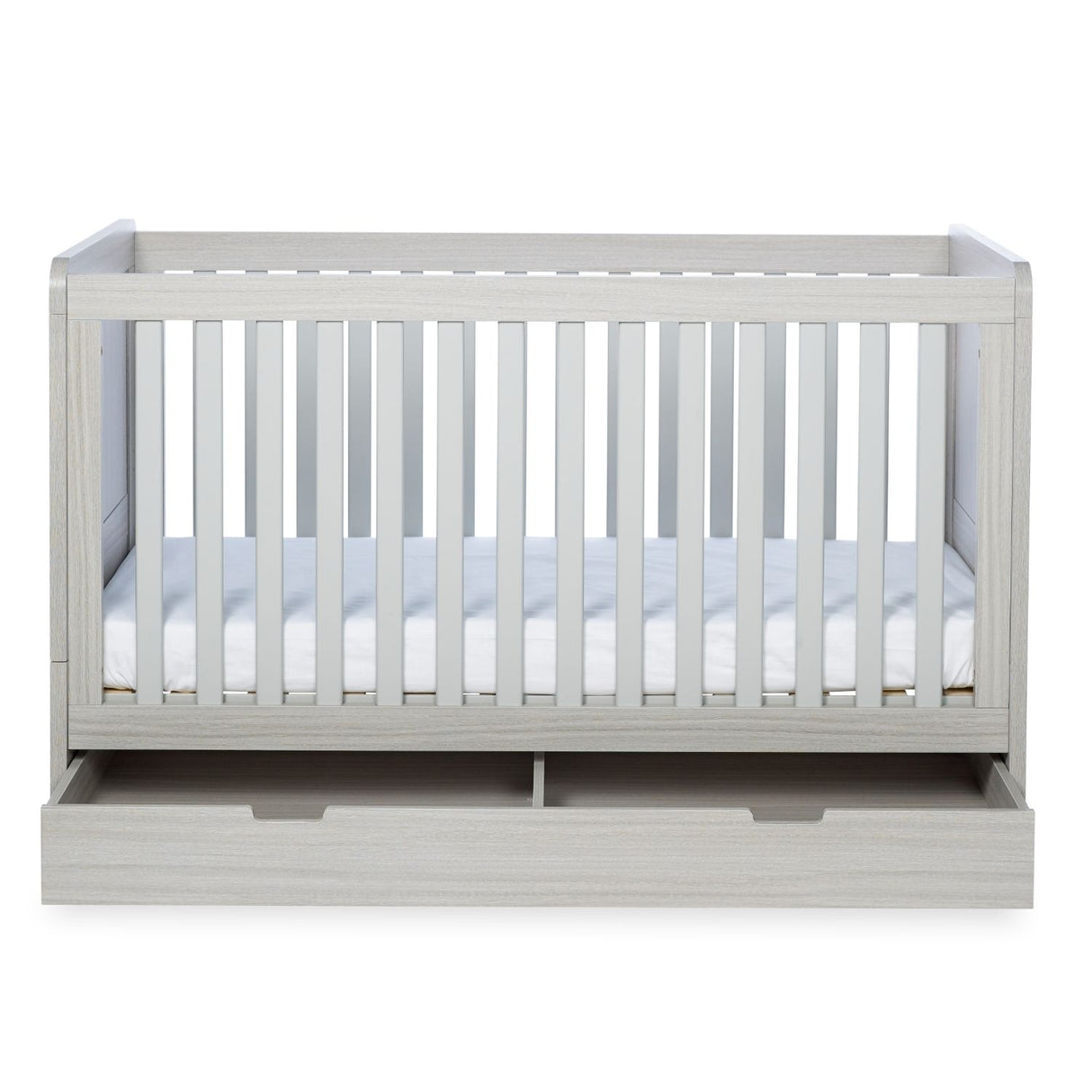 Front angle of Ickle Bubba Pembrey 2-in-1 Cot Bed with opened Under Drawer in Ash Grey colour