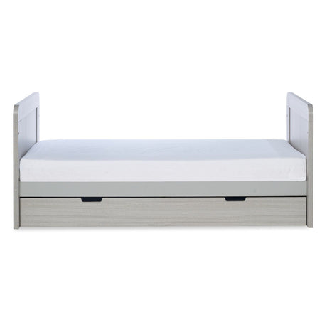 Front angle of Ickle Bubba Pembrey Cot Bed with Under Drawer in Ash Grey colour in toddler bed mode