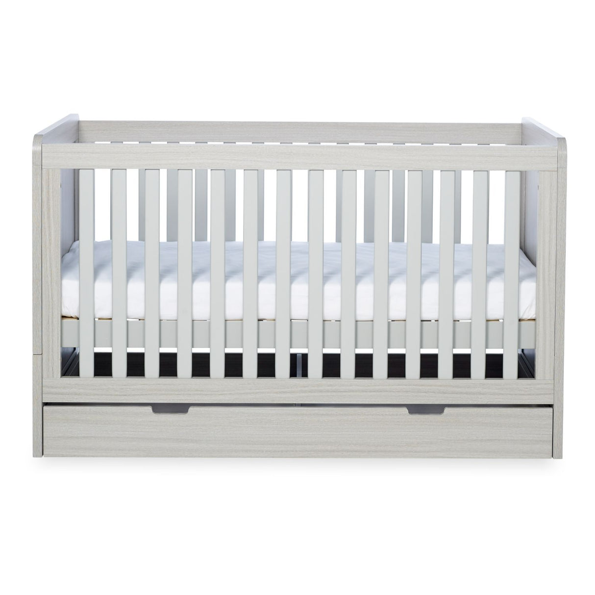 Middle mattress height position in Ickle Bubba Pembrey 2-in-1 Cot Bed with Under Drawer in Ash Grey colour with All Seasons Premium Pocket Sprung Mattress