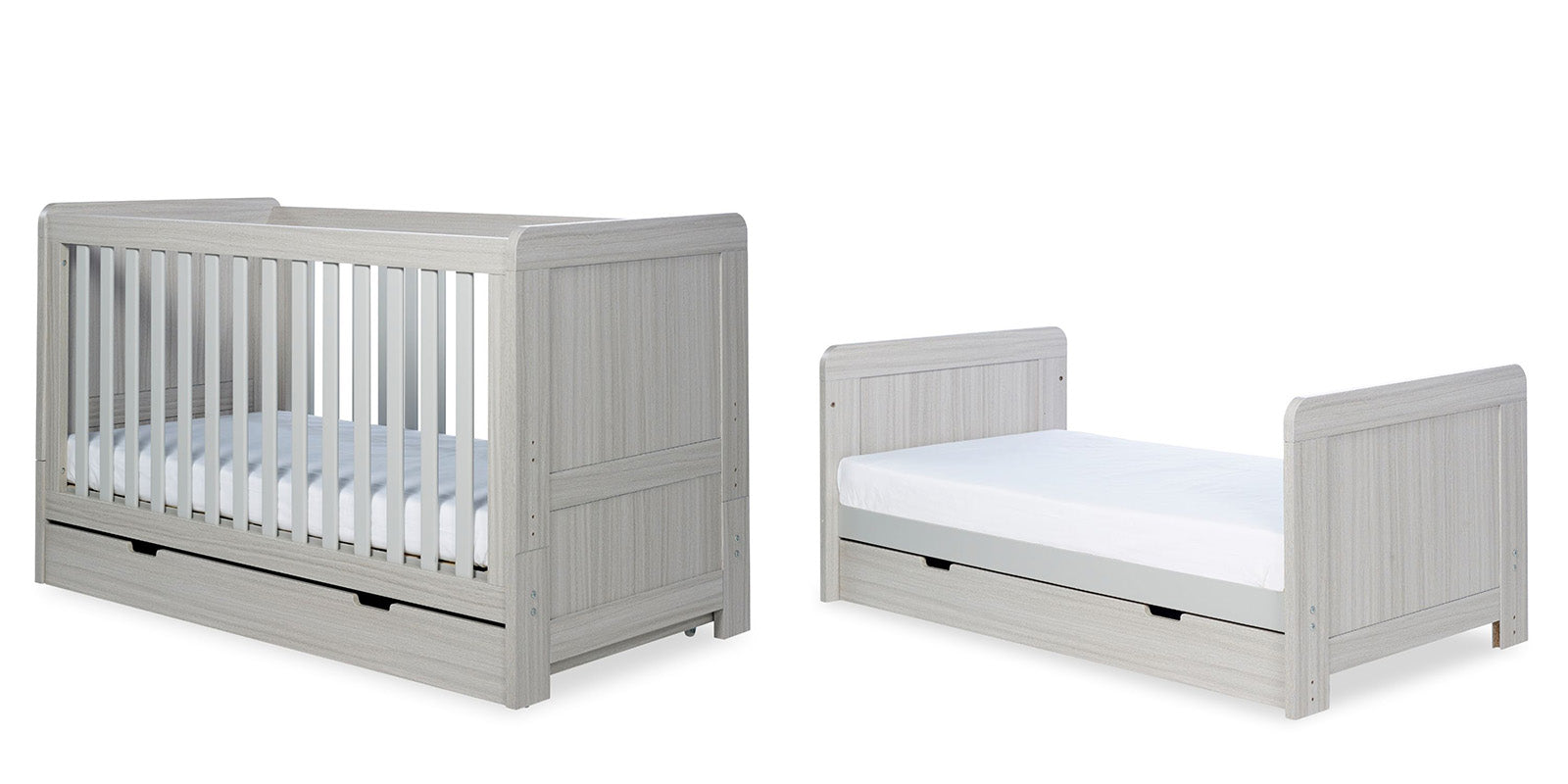 Two Ickle Bubba Pembrey Cot Beds in cot bed mode and junior bed mode