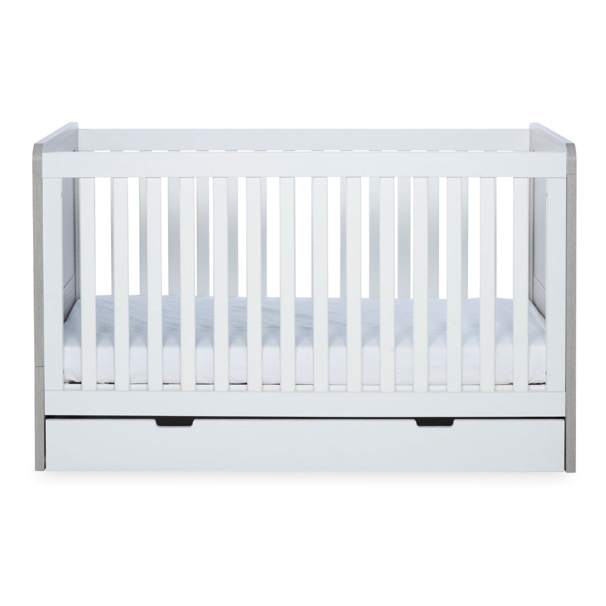 Lowest mattress height position in Ickle Bubba Pembrey 2-in-1 Cot Bed with Under Drawer in Ash Grey and White colour