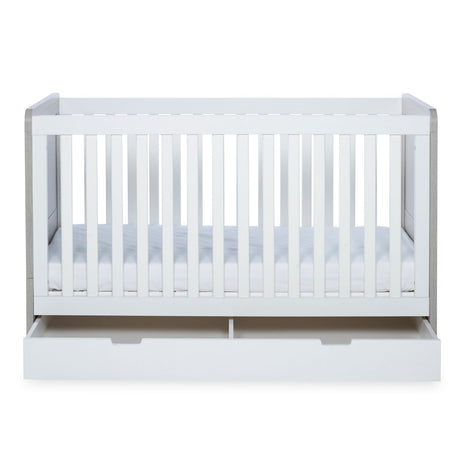 Front angle of Ickle Bubba Pembrey 2-in-1 Cot Bed with opened Under Drawer in Ash Grey and White colour