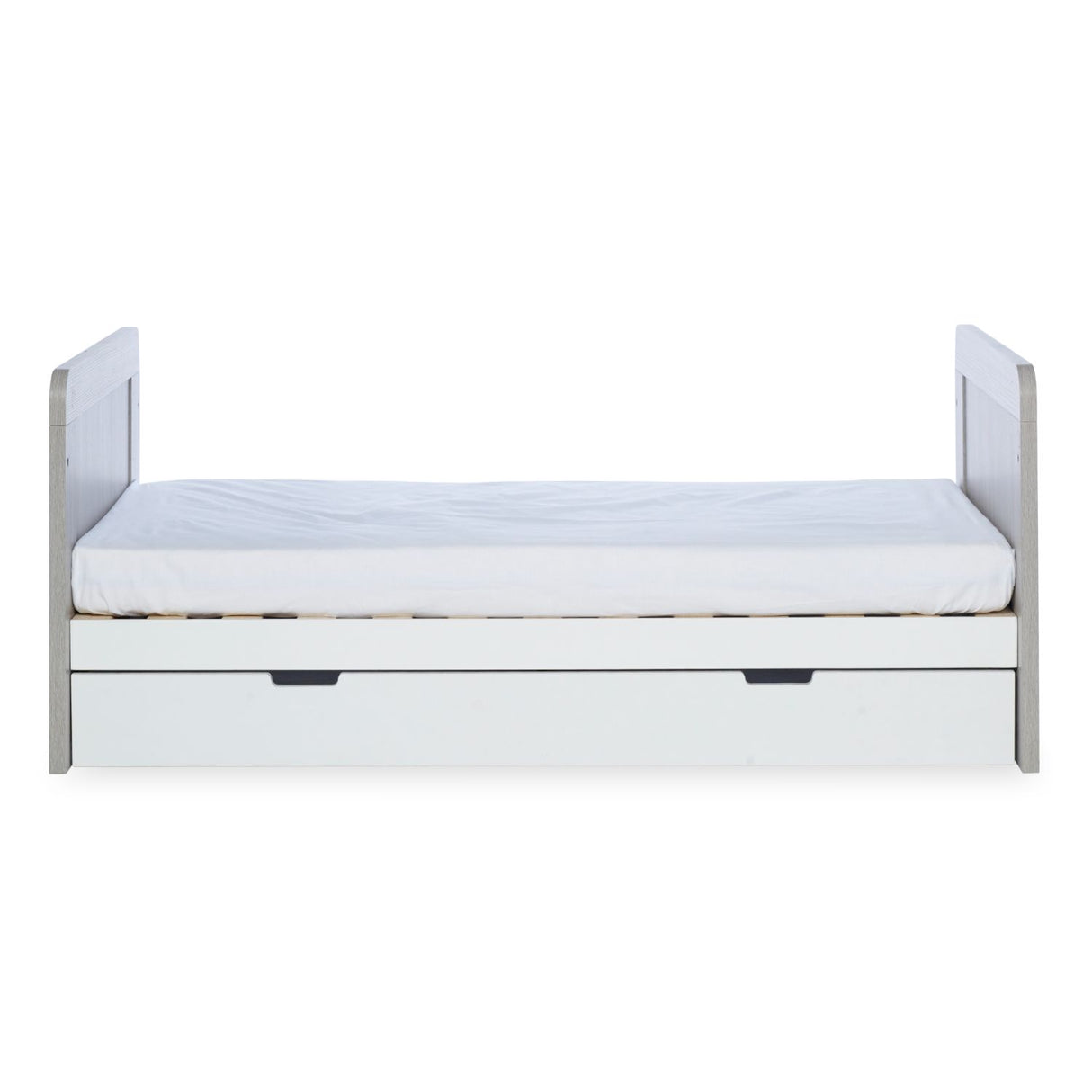 Front angle of Ickle Bubba Pembrey Cot Bed with Under Drawer in Ash Grey and White colour in toddler bed mode