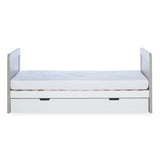 Front angle of Ickle Bubba Pembrey Cot Bed with Under Drawer in Ash Grey and White colour in toddler bed mode