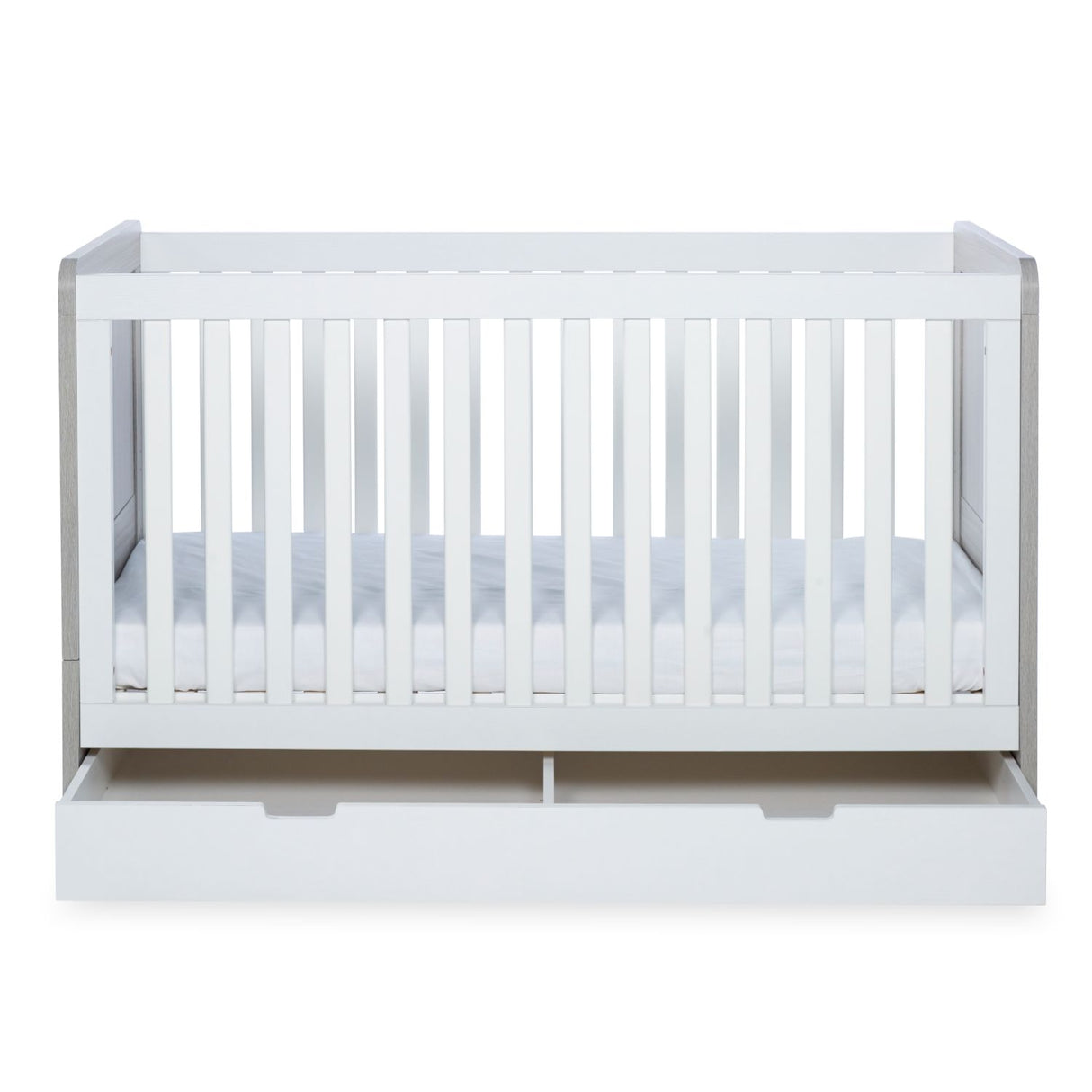 Front angle of Ickle Bubba Pembrey 2-in-1 Cot Bed with opened Under Drawer in Ash Grey and White colour with All Seasons Premium Pocket Sprung Mattress