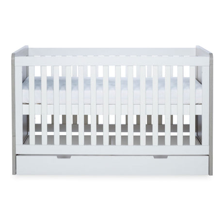 Highest mattress height position in Ickle Bubba Pembrey 2-in-1 Cot Bed with Under Drawer in Ash Grey and White colour with Fibre Cot Mattress