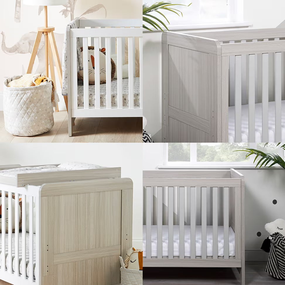 four close-up shots of white Ickle Bubba Pembrey Cot Bed showing details