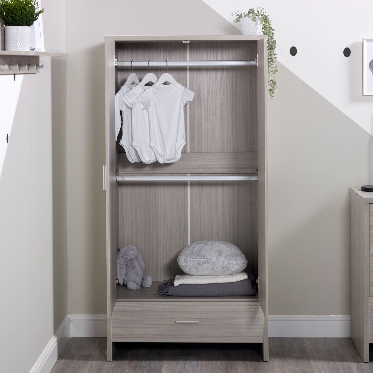 Ickle Bubba Pembrey Nursery Wardrobe in Ash Grey with opened doors showing interior